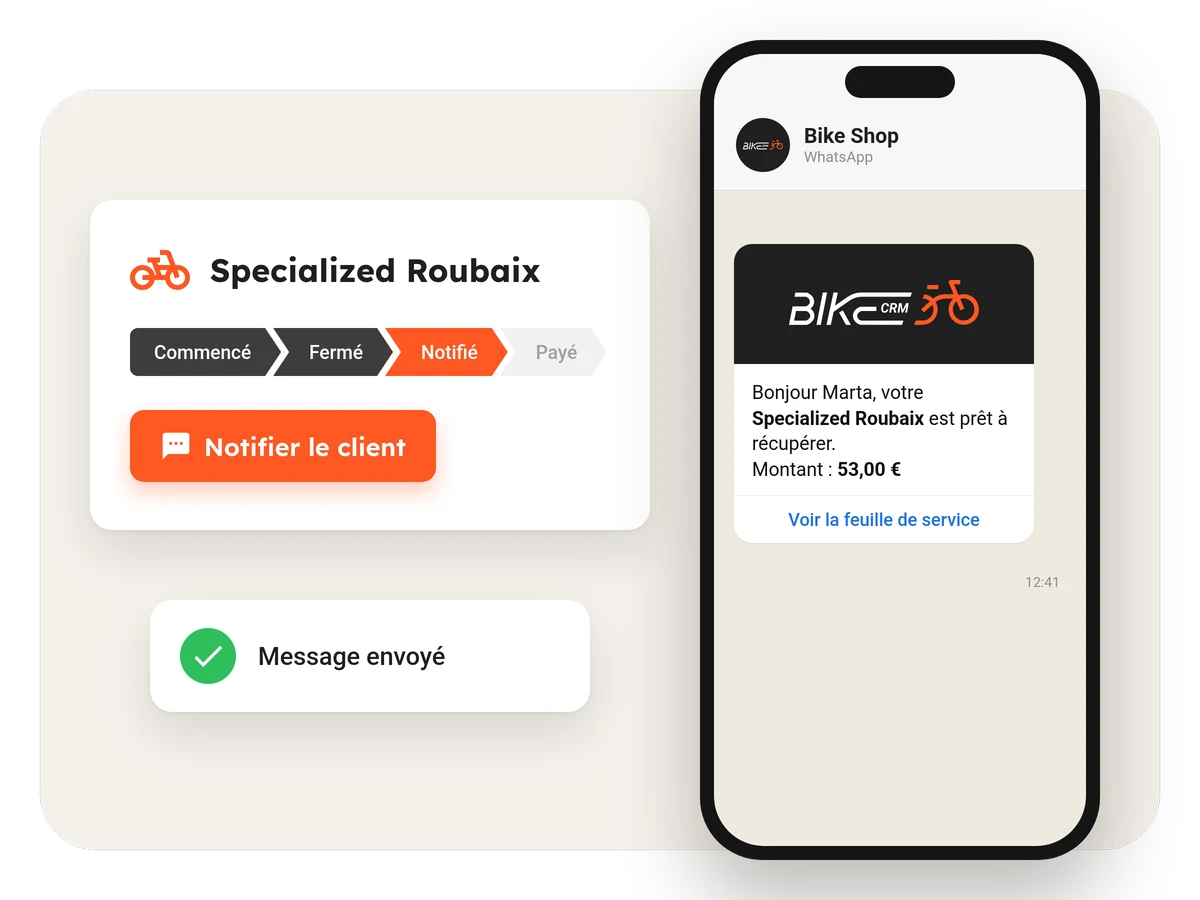 Le bouton « Notifier le client » et le message WhatsApp que reçoit la cliente : son vélo est prêt à récupérer