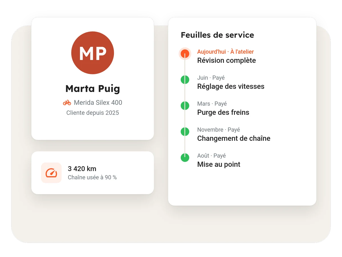 La fiche d’une cliente avec l’historique des feuilles de service de son vélo et l’alerte d’usure de la chaîne