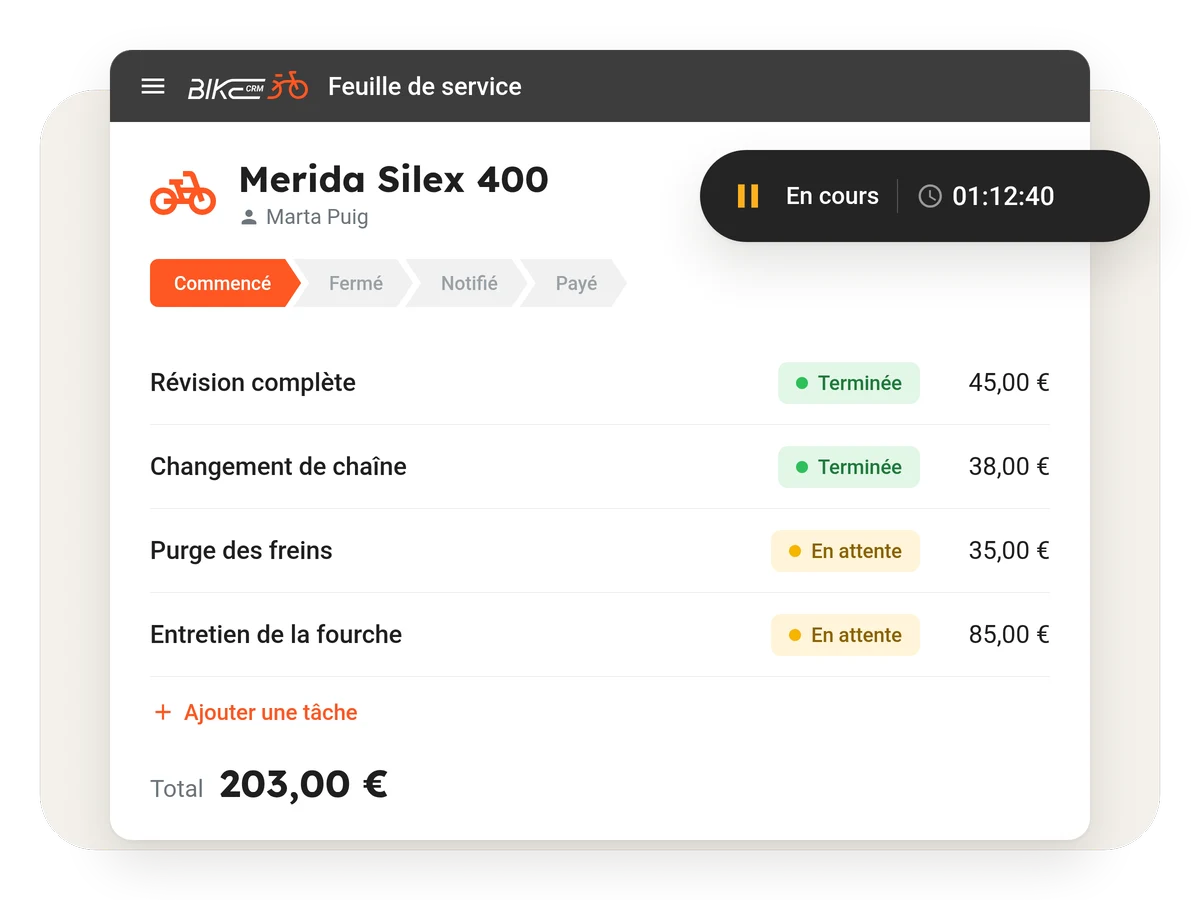 Feuille de service d’un Merida Silex 400 avec le chronomètre en marche et quatre tâches, deux terminées et deux en attente