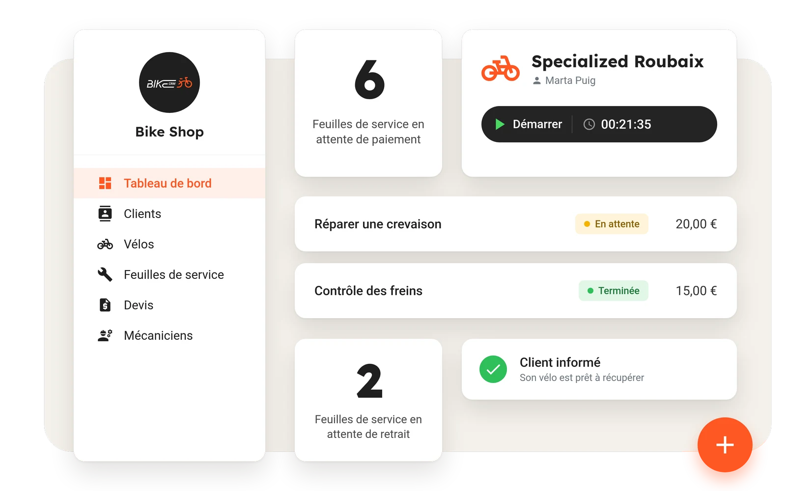 L’atelier dans BikeCRM : les feuilles de service en attente, les tâches d’un vélo et le client informé